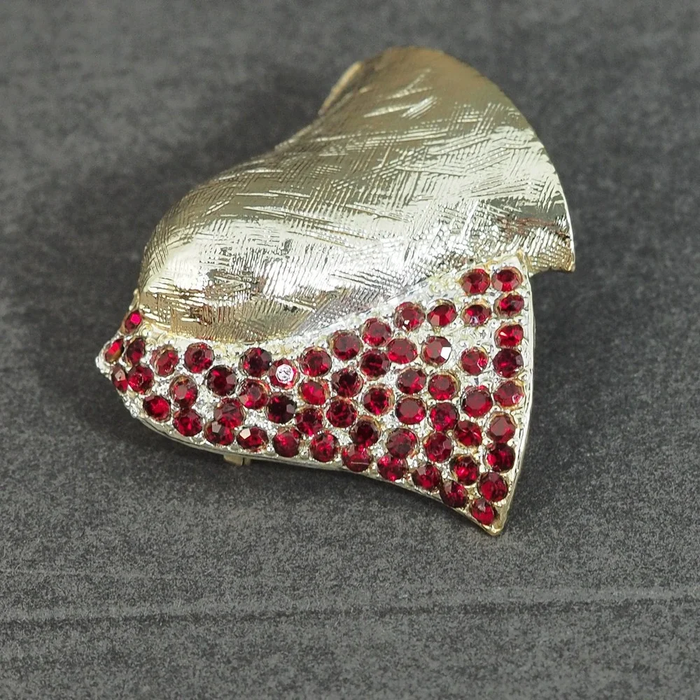 Vintage Christmas Bell Brooch Pin Red Rhinestone Pave Gold Tone Signed Holiday